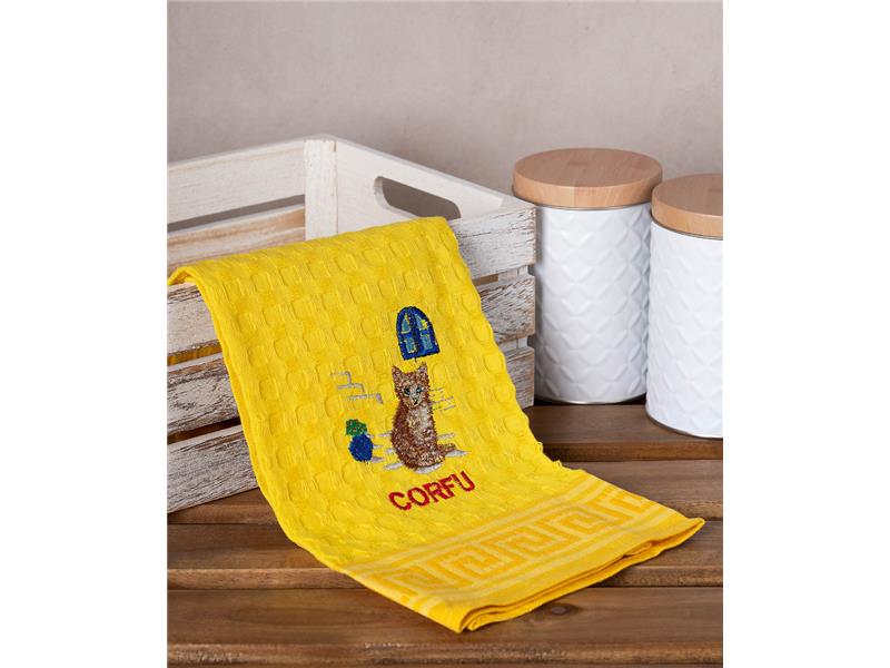 Σετ 12 τεμαχίων ποτηρόπανα γκοφρέ (50cm x 70cm) κίτρινο γάτα CORFU