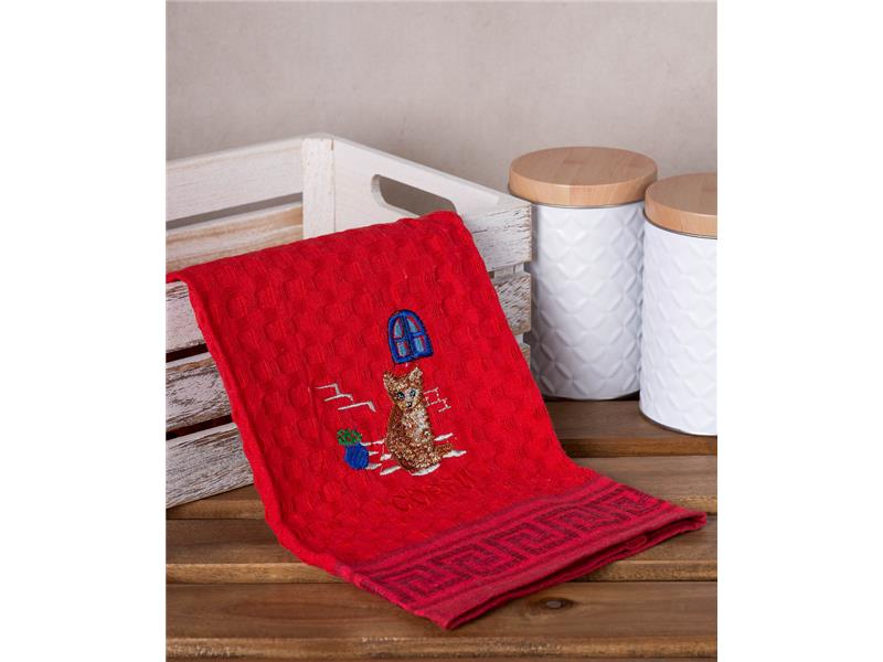 Σετ 12 τεμαχίων ποτηρόπανα γκοφρέ (50cm x 70cm) κόκκινο γάτα CORFU