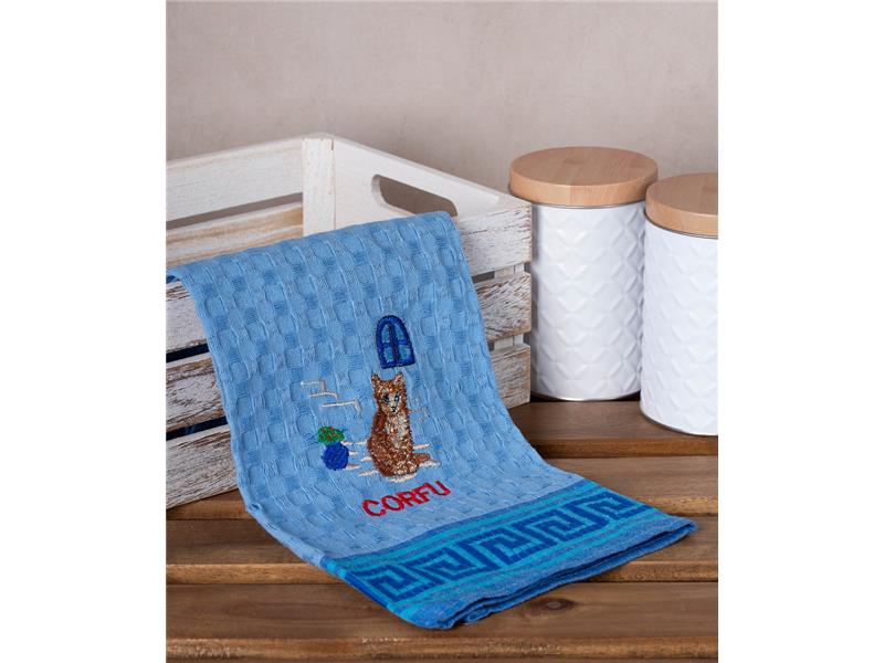 Σετ 12 τεμαχίων ποτηρόπανα γκοφρέ (50cm x 70cm) μπλέ γάτα CORFU