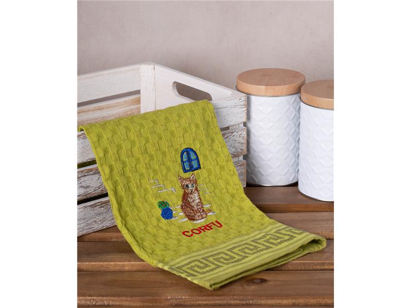 Σετ 12 τεμαχίων ποτηρόπανα γκοφρέ (50cm x 70cm) πράσινο γάτα CORFU