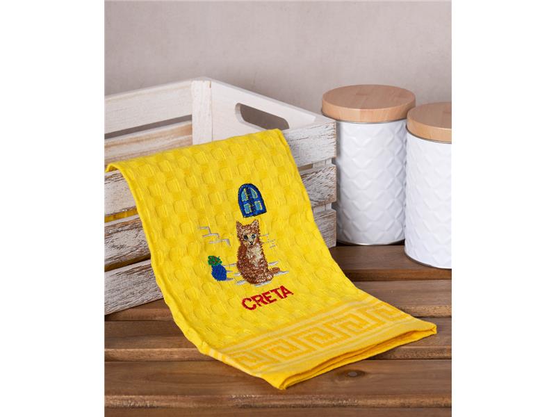 Σετ 12 τεμαχίων ποτηρόπανα γκοφρέ (50cm x 70cm) κίτρινο γάτα CRETA