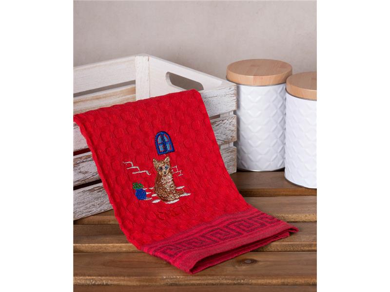 Σετ 12 τεμαχίων ποτηρόπανα γκοφρέ (50cm x 70cm) κόκκινο γάτα CRETA