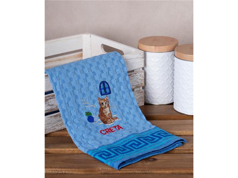 Σετ 12 τεμαχίων ποτηρόπανα γκοφρέ (50cm x 70cm) μπλέ γάτα CRETA