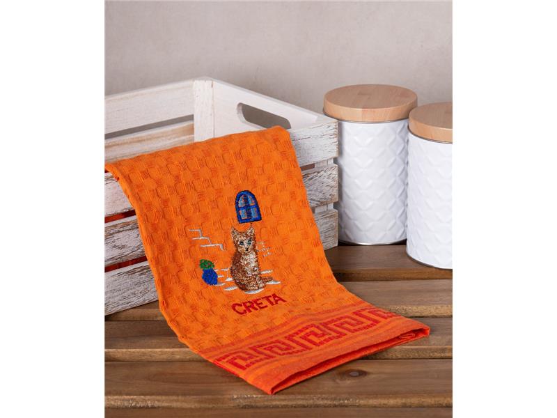 Σετ 12 τεμαχίων ποτηρόπανα γκοφρέ (50cm x 70cm) πορτοκαλί γάτα CRETA