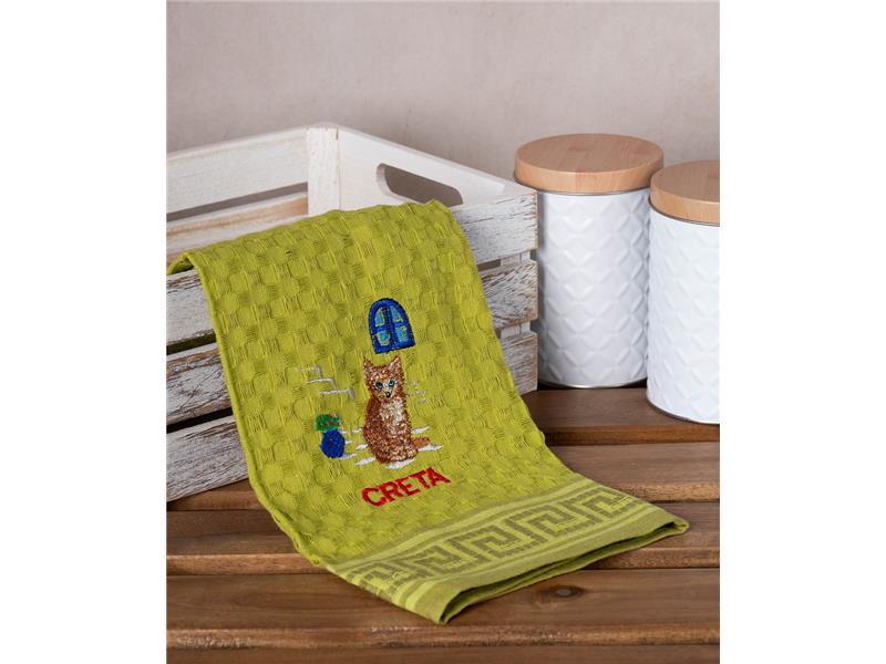 Σετ 12 τεμαχίων ποτηρόπανα γκοφρέ (50cm x 70cm) πράσινο γάτα CRETA