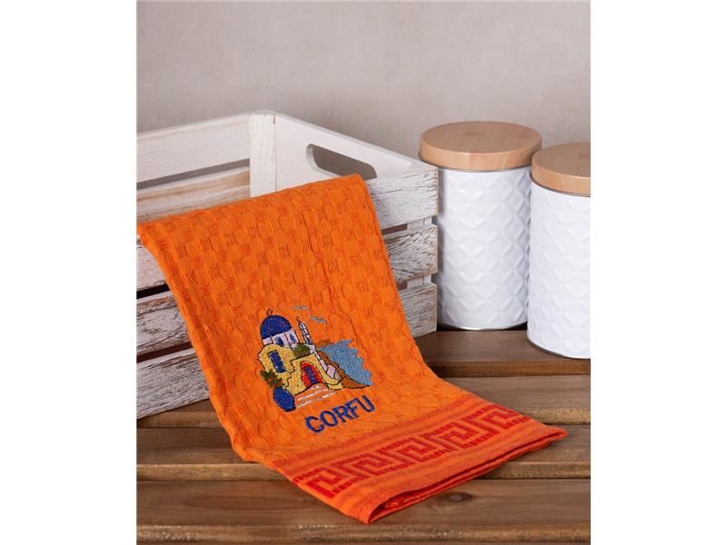 Σετ 12 τεμαχίων ποτηρόπανα γκοφρέ (50cm x 70cm) πορτοκαλί εκκλησία CORFU