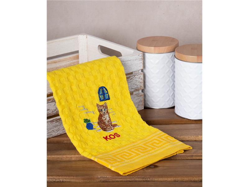 Σετ 12 τεμαχίων ποτηρόπανα γκοφρέ (50cm x 70cm) κίτρινο γάτα KOS