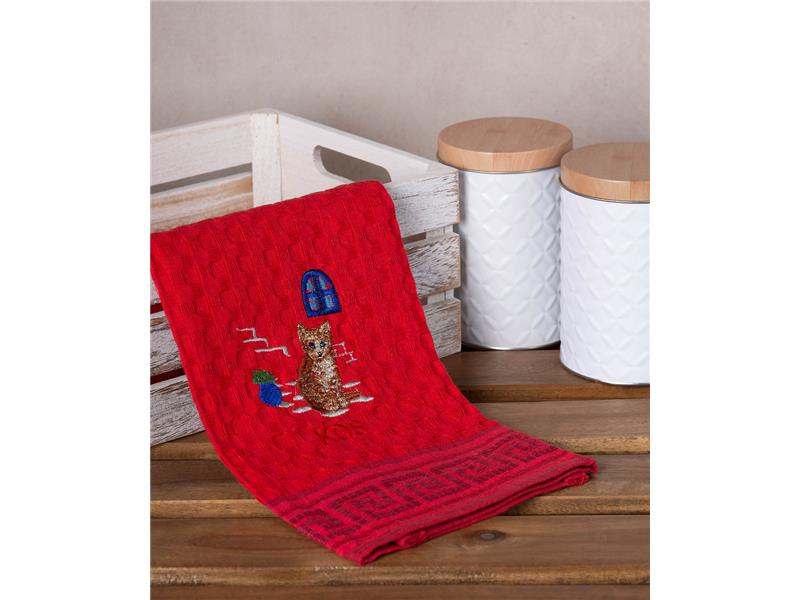 Σετ 12 τεμαχίων ποτηρόπανα γκοφρέ (50cm x 70cm) κόκκινο γάτα KOS