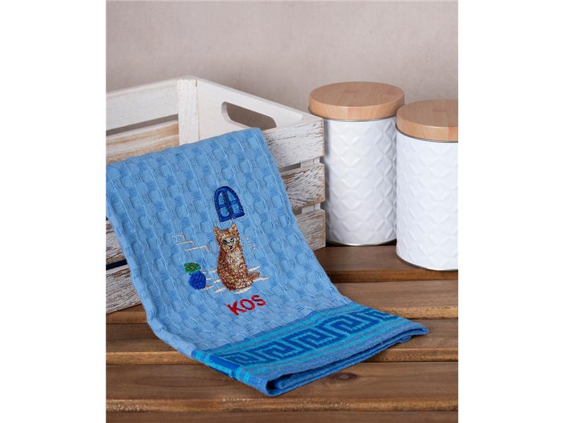 Σετ 12 τεμαχίων ποτηρόπανα γκοφρέ (50cm x 70cm) μπλέ γάτα KOS