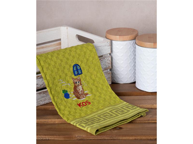 Σετ 12 τεμαχίων ποτηρόπανα γκοφρέ (50cm x 70cm) πράσινο γάτα KOS