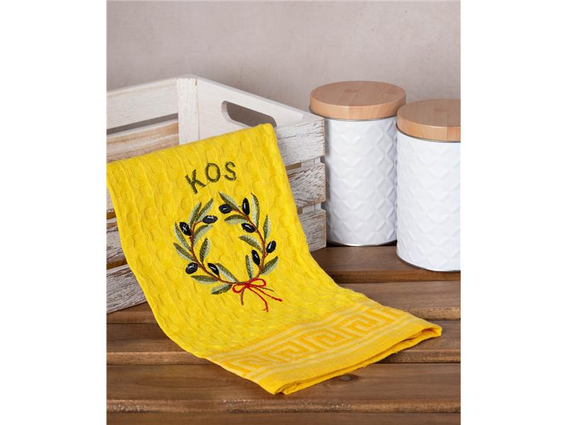 Σετ 12 τεμαχίων ποτηρόπανα γκοφρέ (50cm x 70cm) κίτρινο στεφάνι KOS