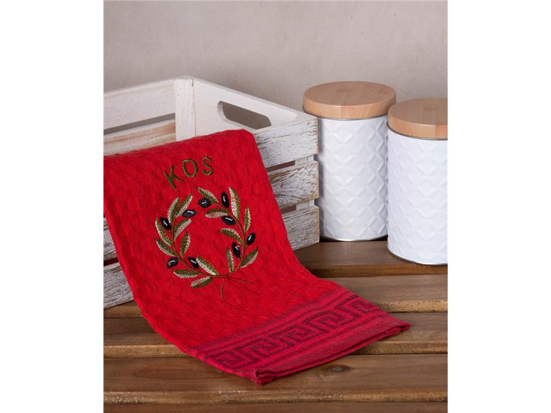 Σετ 12 τεμαχίων ποτηρόπανα γκοφρέ (50cm x 70cm) κόκκινο στεφάνι KOS