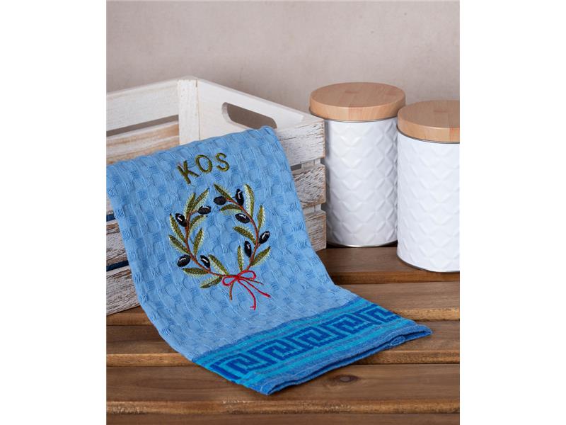 Σετ 12 τεμαχίων ποτηρόπανα γκοφρέ (50cm x 70cm) μπλέ στεφάνι KOS