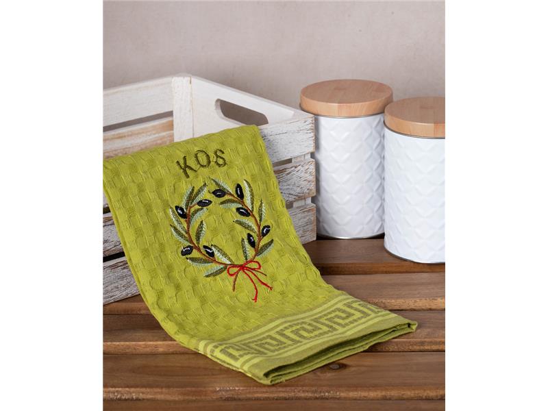 Σετ 12 τεμαχίων ποτηρόπανα γκοφρέ (50cm x 70cm) πράσινο στεφάνι KOS