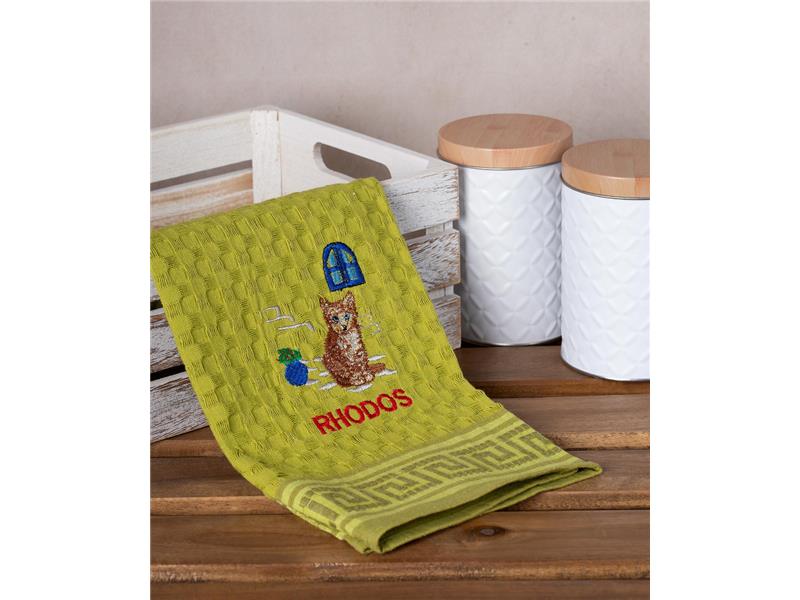 Σετ 12 τεμαχίων ποτηρόπανα γκοφρέ (50cm x 70cm) πράσινο γάτα RHODES