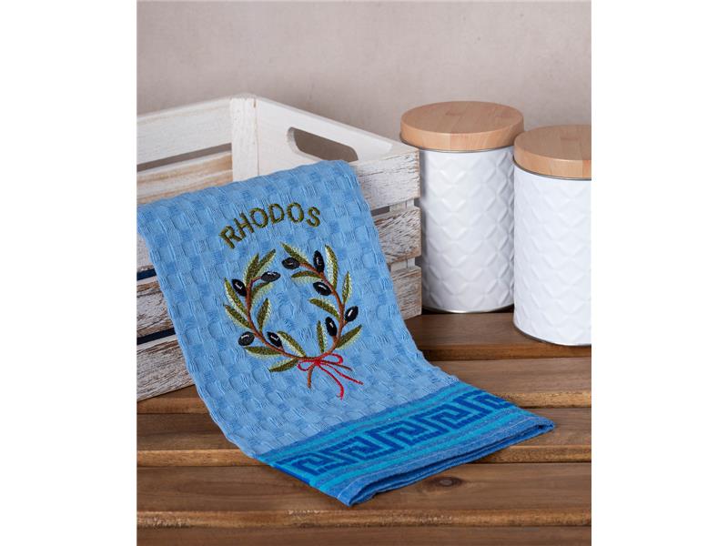 Σετ 12 τεμαχίων ποτηρόπανα γκοφρέ (50cm x 70cm) μπλέ στεφάνι RHODES