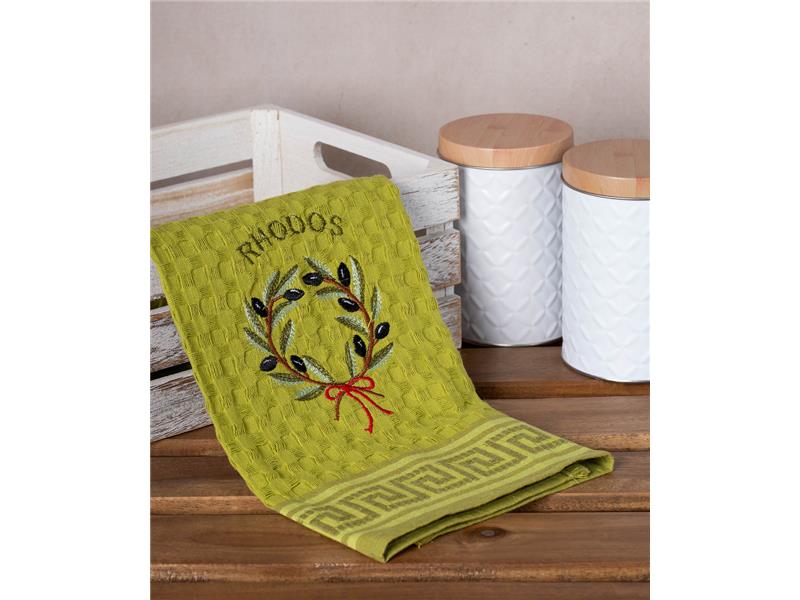 Σετ 12 τεμαχίων ποτηρόπανα γκοφρέ (50cm x 70cm) πράσινο στεφάνι RHODES