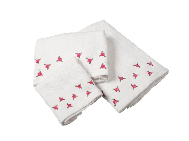 ΠΕΤΣΕΤΑ Σετ 3 τεμ Με Κέντημα Ανθάκι 450 gsm 30X50,50X90,70X140 Λευκό 100% Cotton