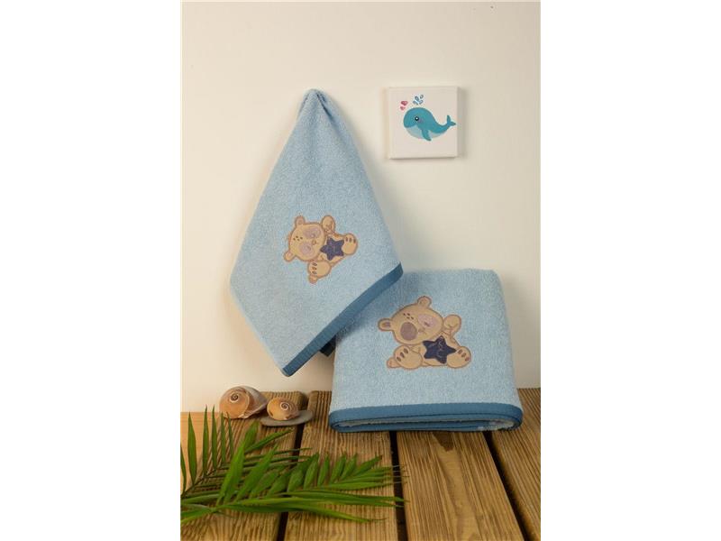 ΠΕΤΣΕΤΑ Με Κέντημα Σετ 2 τεμ bebe Star Bear 151 30X50,70X140 Σιελ 100% Cotton