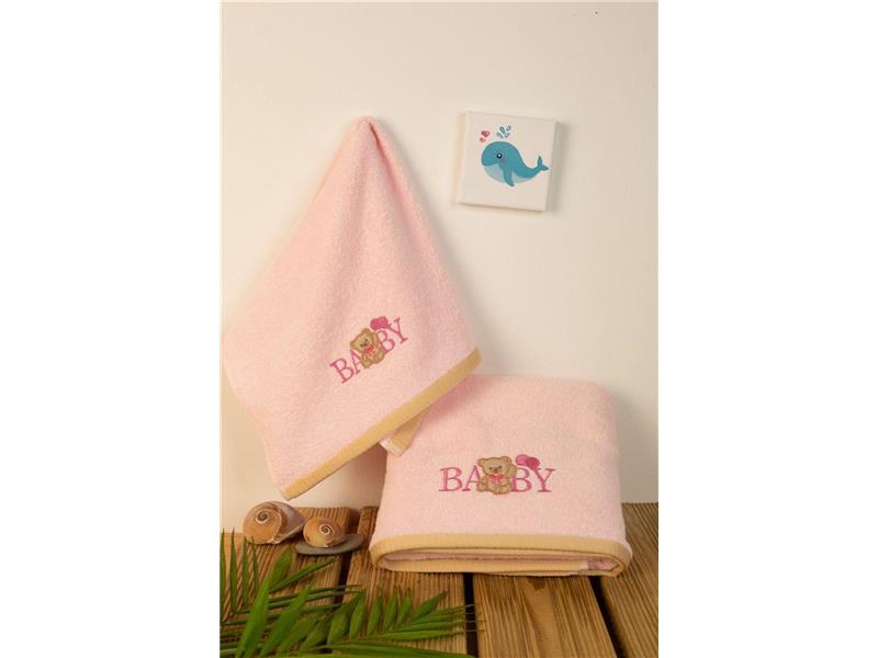 ΠΕΤΣΕΤΑ Με Κέντημα Σετ 2 τεμ bebe Baby Bear 162 30X50,70X140 Ροζ 100% Cotton
