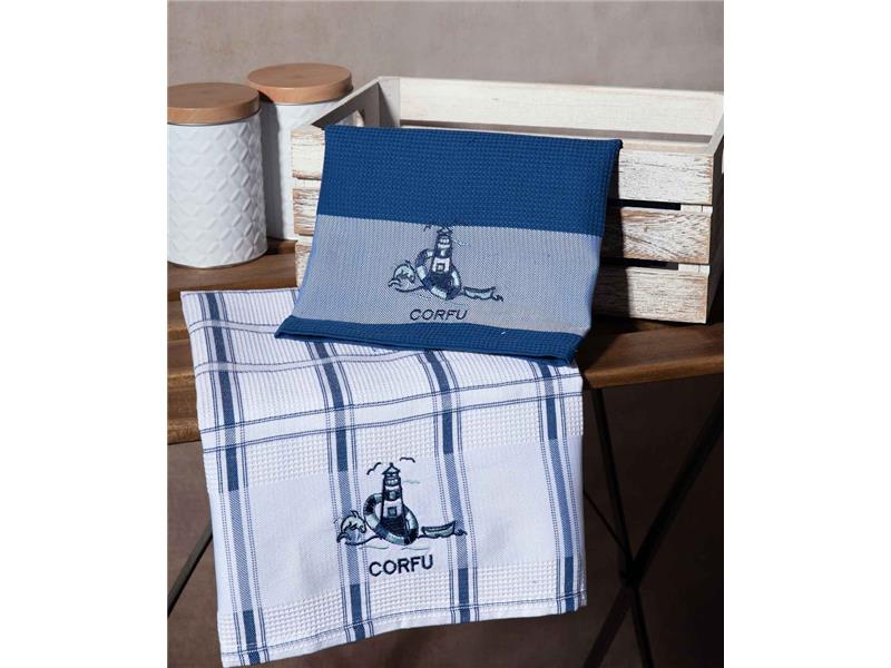 Σετ 2 τεμαχίων ποτηρόπανα (50cm x 70cm) μπλέ φάρος CORFU
