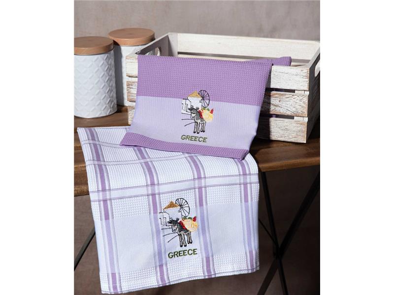 Σετ 2 τεμαχίων ποτηρόπανα (50cm x 70cm) ανεμόμυλος λιλά GREECE