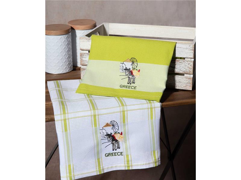Σετ 2 τεμαχίων ποτηρόπανα (50cm x 70cm) ανεμόμυλος πράσινο GREECE