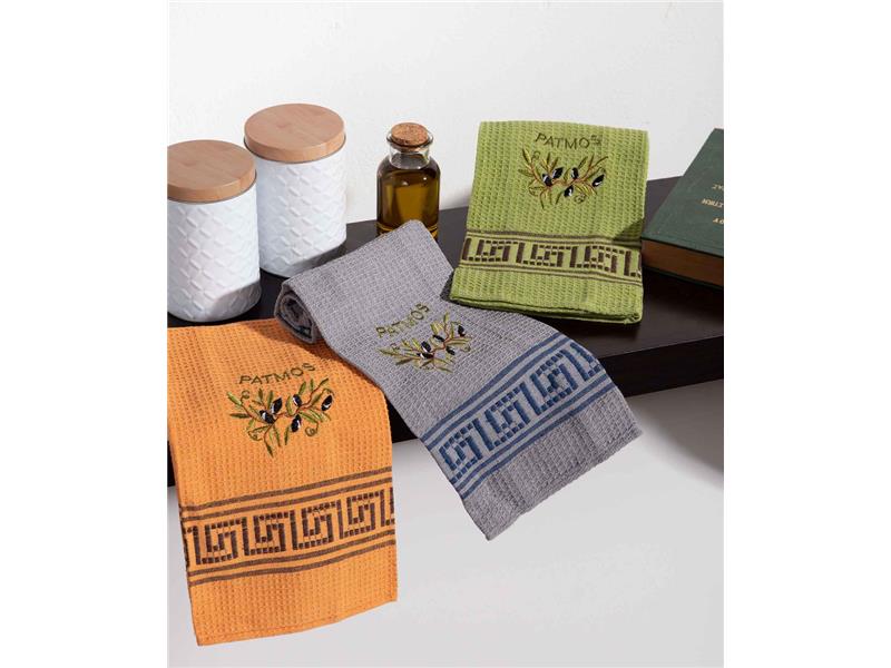 Σετ 12 τεμαχίων ποτηρόπανα (45cm x 65cm) κλαδί ελιάς χρωματιστό PATMOS