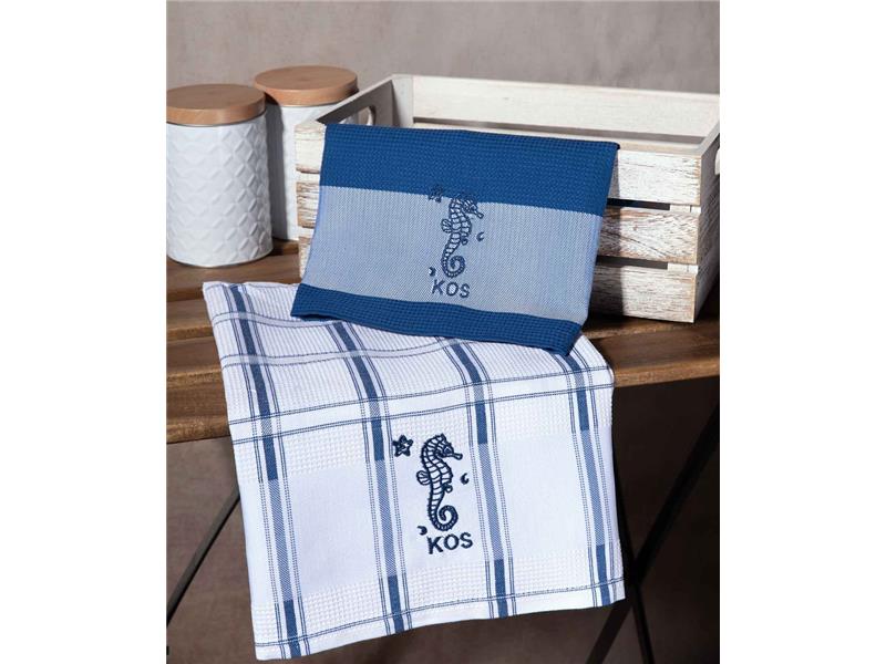 Σετ 2 τεμαχίων ποτηρόπανα (50cm x 70cm) μπλέ ιππόκαμπος KOS