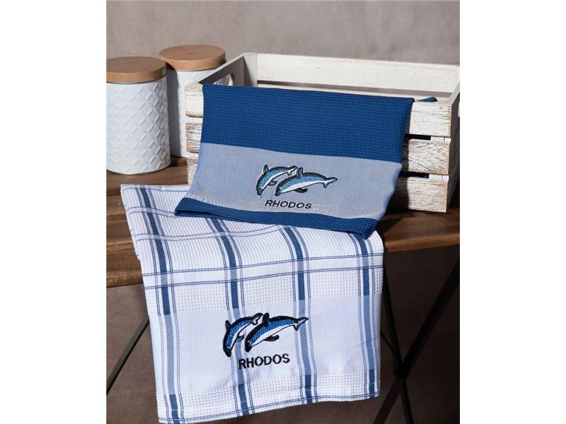 Σετ 2 τεμαχίων ποτηρόπανα (50cm x 70cm) μπλέ δελφίνι RHODES