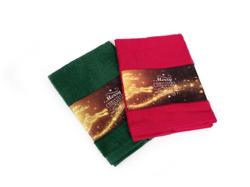 Χριστουγεννιάτικο Σετ Πετσέτες 2 τεμ. 40X60 Merry Christmas Κόκκινο-Πράσινο 100% Cotton