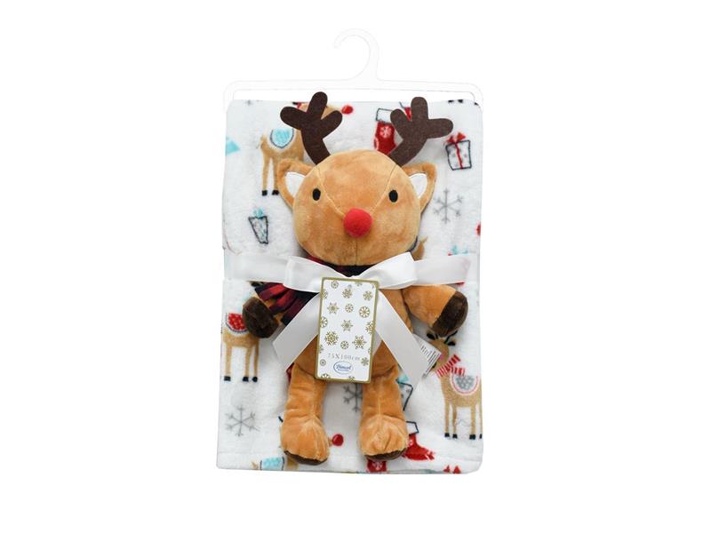 Χριστουγεννιάτικο Λούτρινο Σετ 2 Τεμ. bebe Reindeer 28 Ύψος 30 cm & Κουβέρτα Coral Fleece 75X100cm White 100% Polyester