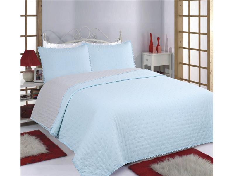 ΚΟΥΒΕΡΛΙ σετ (240cm x 260cm +2x50cm x 70cm) PON-PON sky blue/ grey