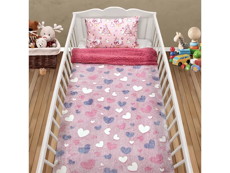 LINO ΚΟΥΒΕΡΤΑ FLEECE SHERPA ΦΩΣΦΟΡΙΖΕ HERZ PINK 110X150