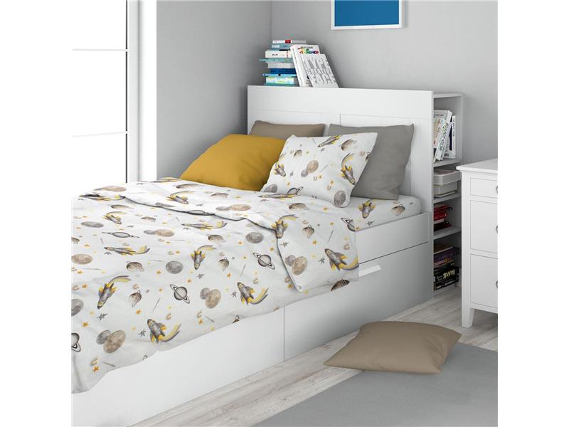 Σεντόνια Εμπριμέ Σετ 2 τεμ kids Space Mission 183 160X240 White-Grey 100% Cotton