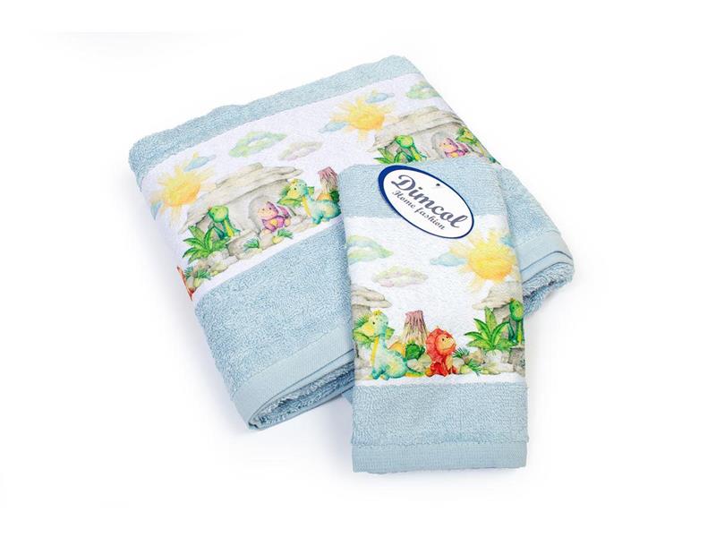 Πετσέτα Σετ 2 τεμ Με Ψηφιακή Εκτύπωση bebe Dinosaurs 310 30X50,70X140 Sky Blue 100% Cotton