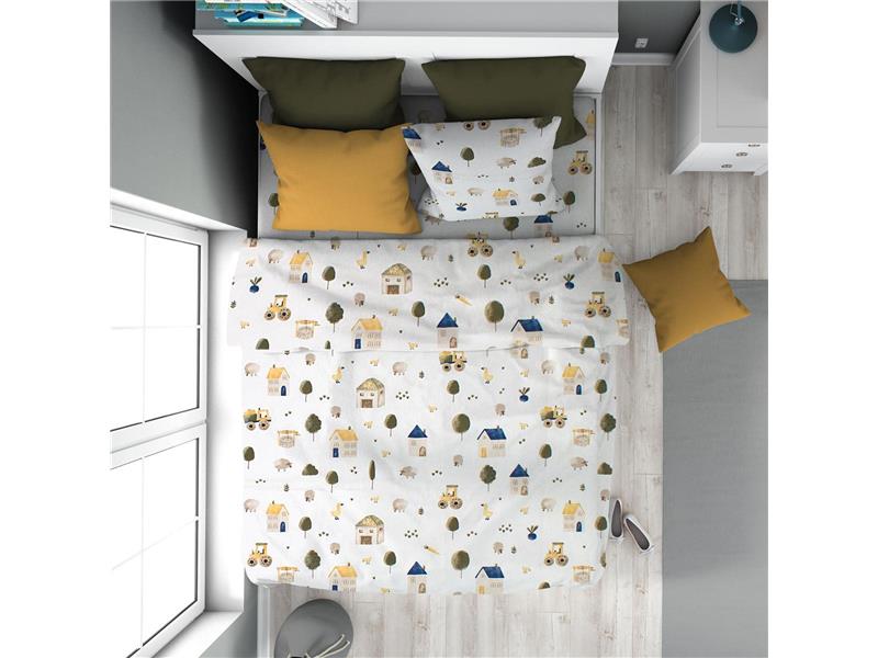 Παπλωματοθήκη Εμπριμέ kids Village 579 160X240 White-Green 100% Cotton
