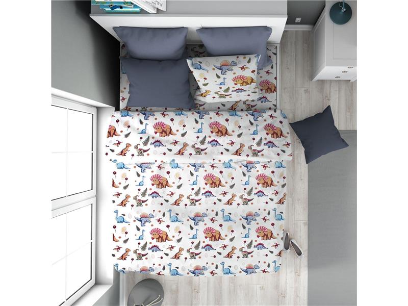Παπλωματοθήκη Εμπριμέ kids Dinosaur 519 160X240 White-Blue 100% Cotton