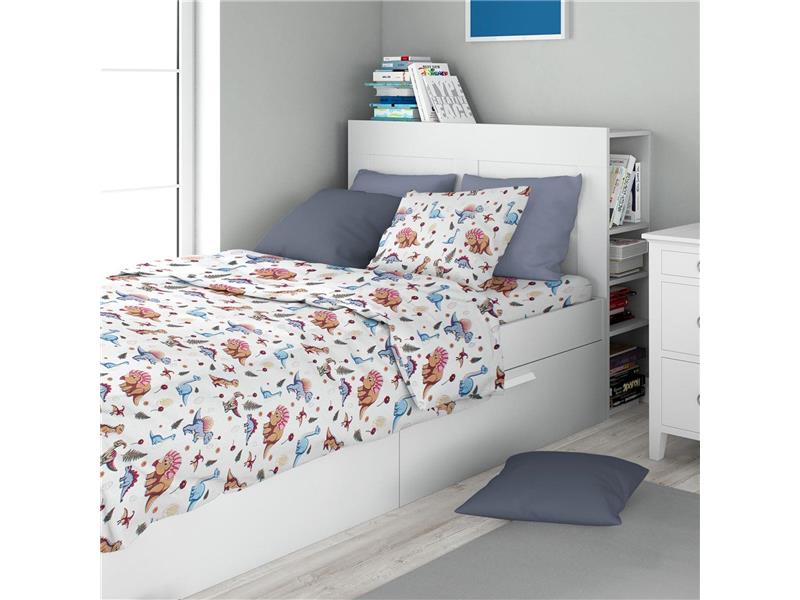 Σεντόνια Εμπριμέ Σετ 3 τεμ kids Dinosaur 519 160X240 White-Blue 100% Cotton