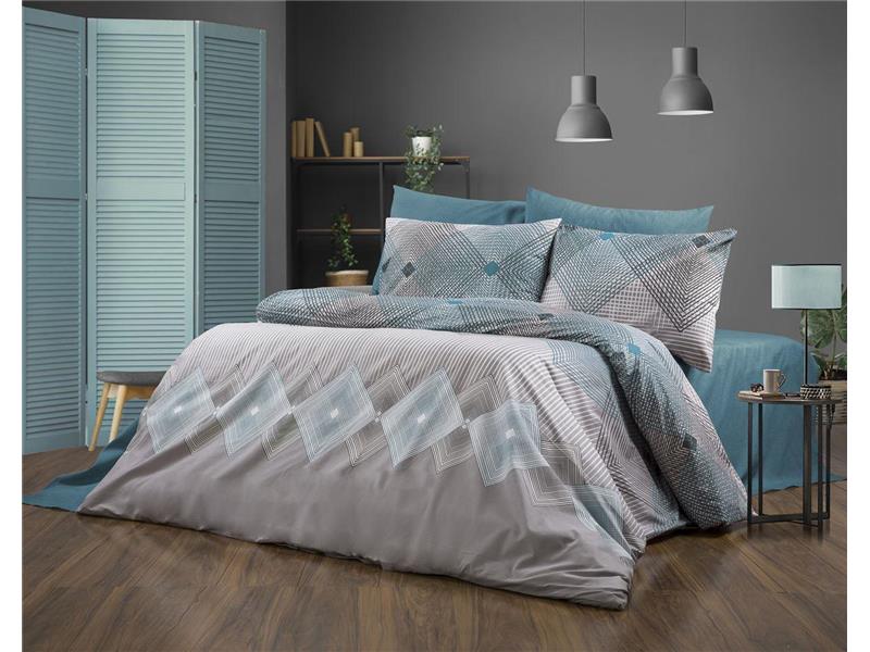 Παπλωματοθήκη Εμπριμέ Καλλιρόη 605 220X240 Grey-Petrol 70/30 Cott/Pol