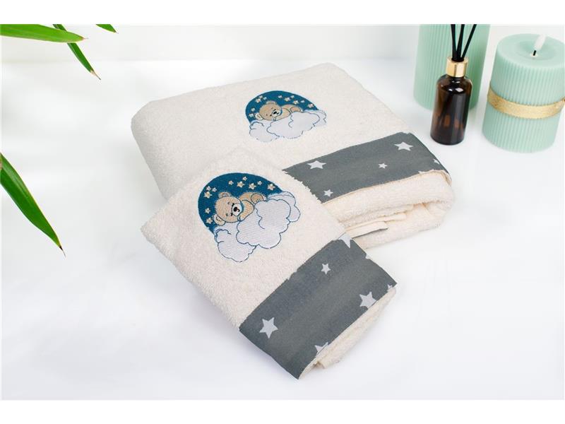 Πετσέτα Με Κέντημα Σετ 2 τεμ bebe Cloudy Bear 177 30X50,70X140 Ecru-Grey 100% Cotton