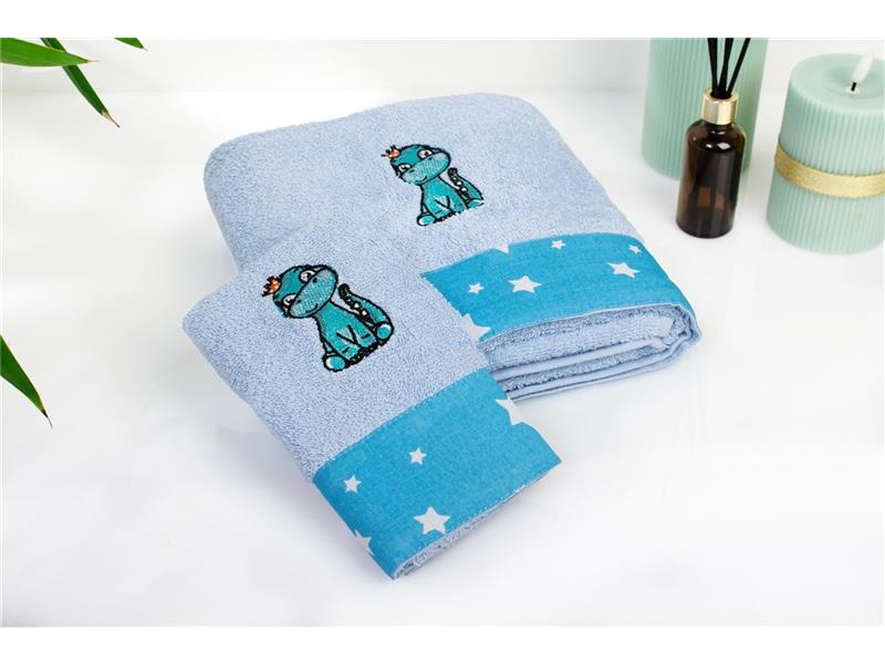 Πετσέτα Με Κέντημα Σετ 2 τεμ bebe Dinosaur 179 30X50,70X140 Sky Blue 100% Cotton