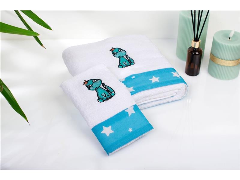 Πετσέτα Με Κέντημα Σετ 2 τεμ bebe Dinosaur 180 30X50,70X140 White-Sky Blue 100% Cotton