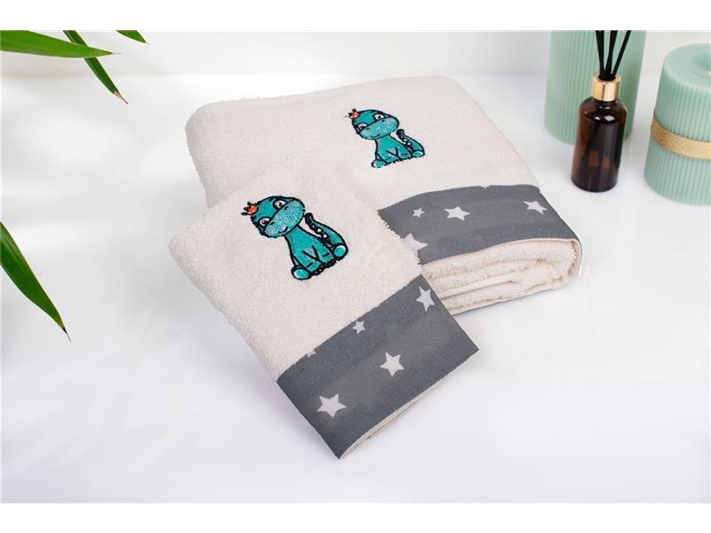 Πετσέτα Με Κέντημα Σετ 2 τεμ bebe Dinosaur 181 30X50,70X140 Ecru-Grey 100% Cotton