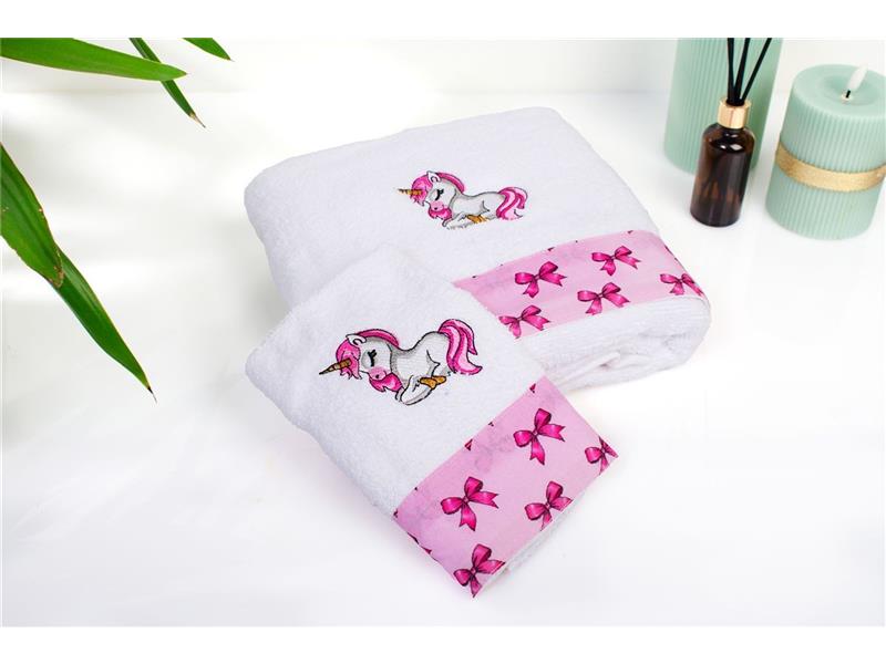 Πετσέτα Με Κέντημα Σετ 2 τεμ bebe Unicorn 188 30X50,70X140 White-Pink 100% Cotton