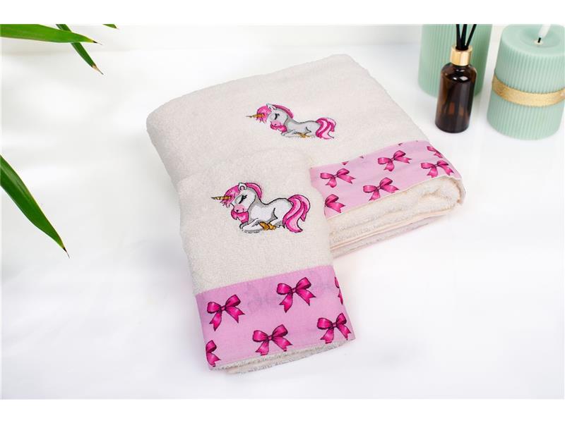 Πετσέτα Με Κέντημα Σετ 2 τεμ bebe Unicorn 189 30X50,70X140 Ecru-Pink 100% Cotton