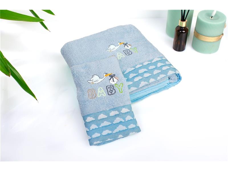 Πετσέτα Με Κέντημα Σετ 2 τεμ bebe Stork 191 30X50,70X140 Sky Blue 100% Cotton