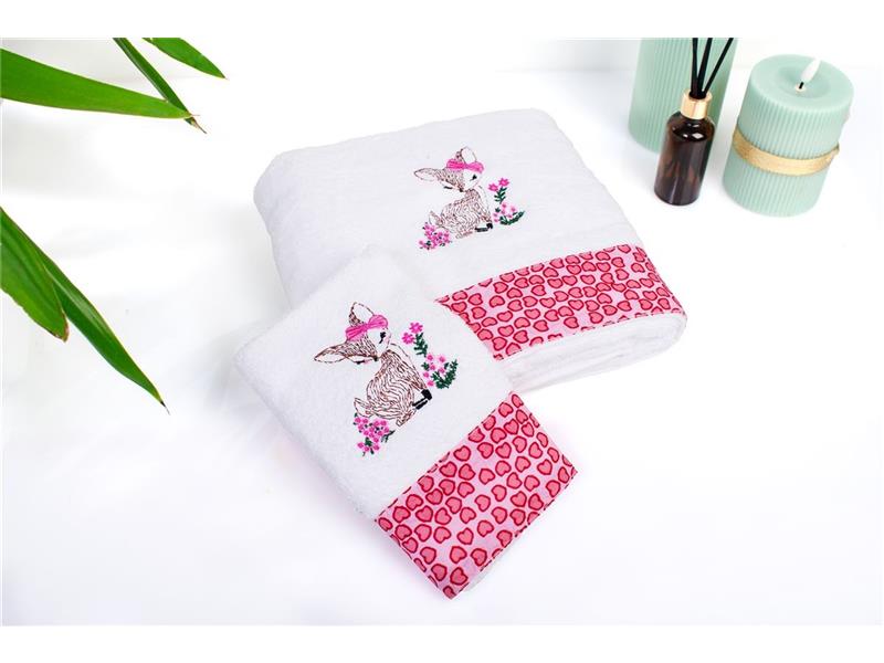 Πετσέτα Με Κέντημα Σετ 2 τεμ bebe Deer 197 30X50,70X140 White-Pink 100% Cotton