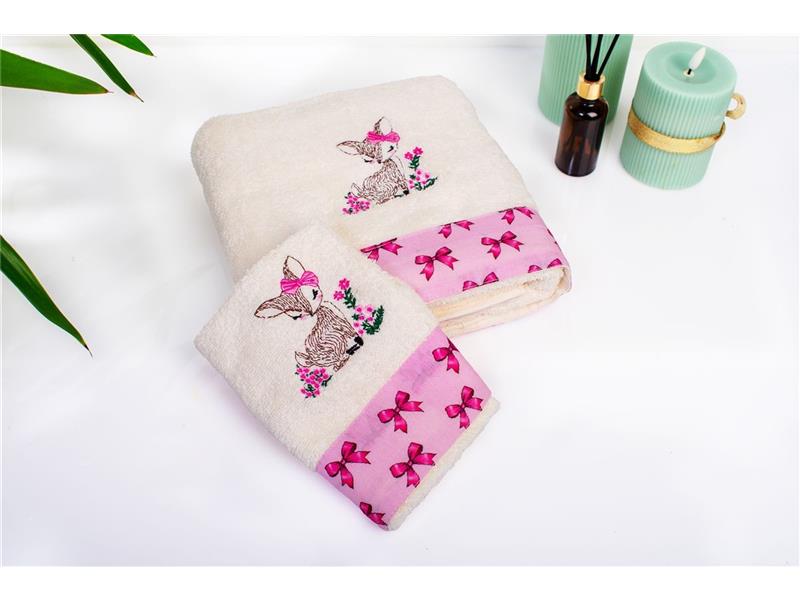 Πετσέτα Με Κέντημα Σετ 2 τεμ bebe Deer 198 30X50,70X140 Ecru-Pink 100% Cotton