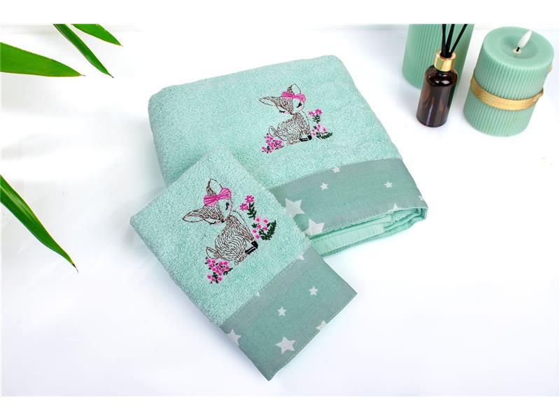 Πετσέτα Με Κέντημα Σετ 2 τεμ bebe Deer 199 30X50,70X140 Mint 100% Cotton